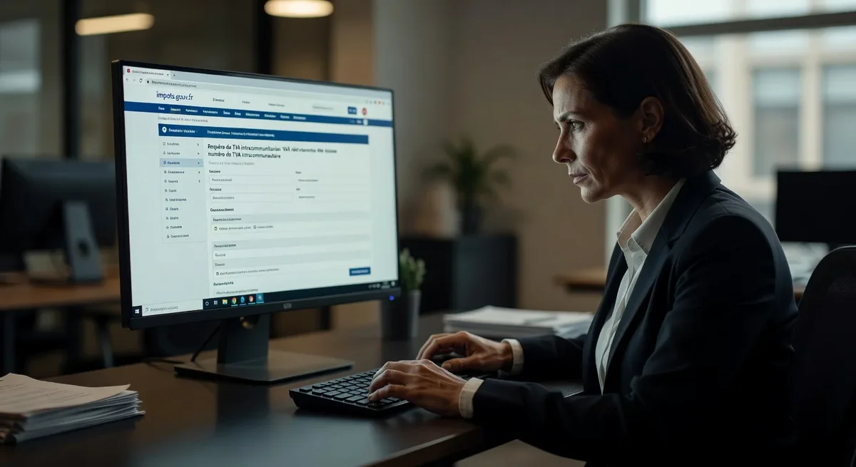 Personne devant un ordinateur affichant la messagerie sécurisée d'impots.gouv.fr dans un bureau professionnel