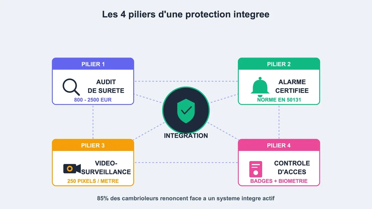 Schéma connecté illustrant les éléments de protection contre les cambriolages : audit, alarme, vidéosurveillance, con...