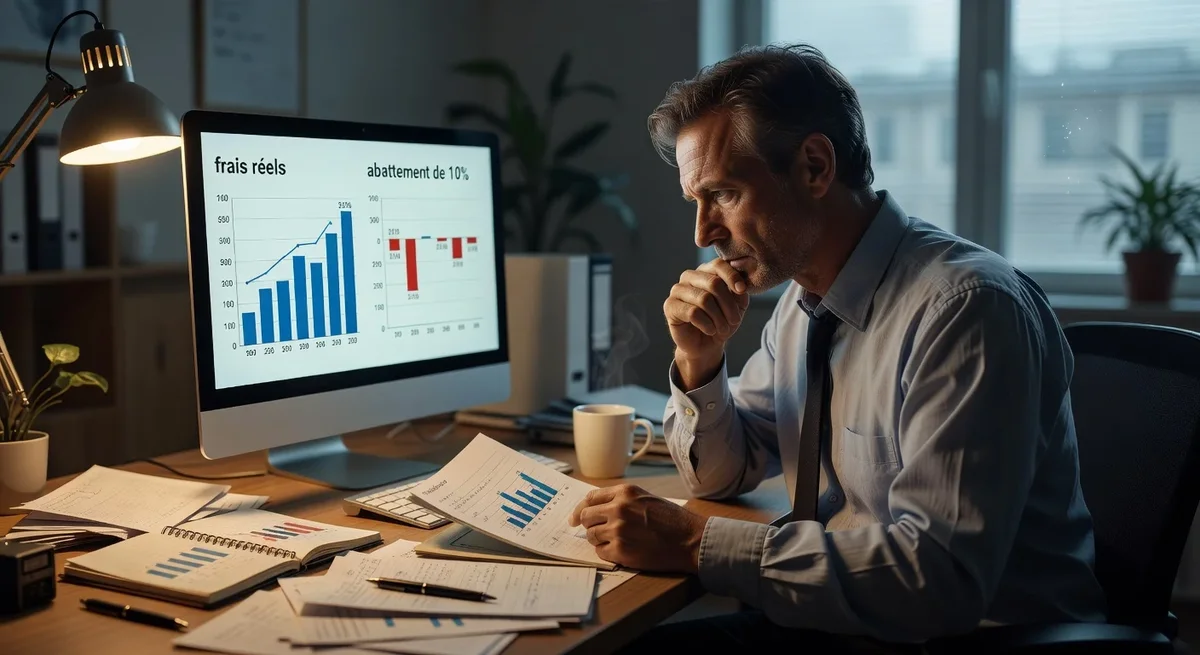 Salarié analysant des graphiques fiscaux sur un ordinateur dans un bureau avec notes et tasse de café