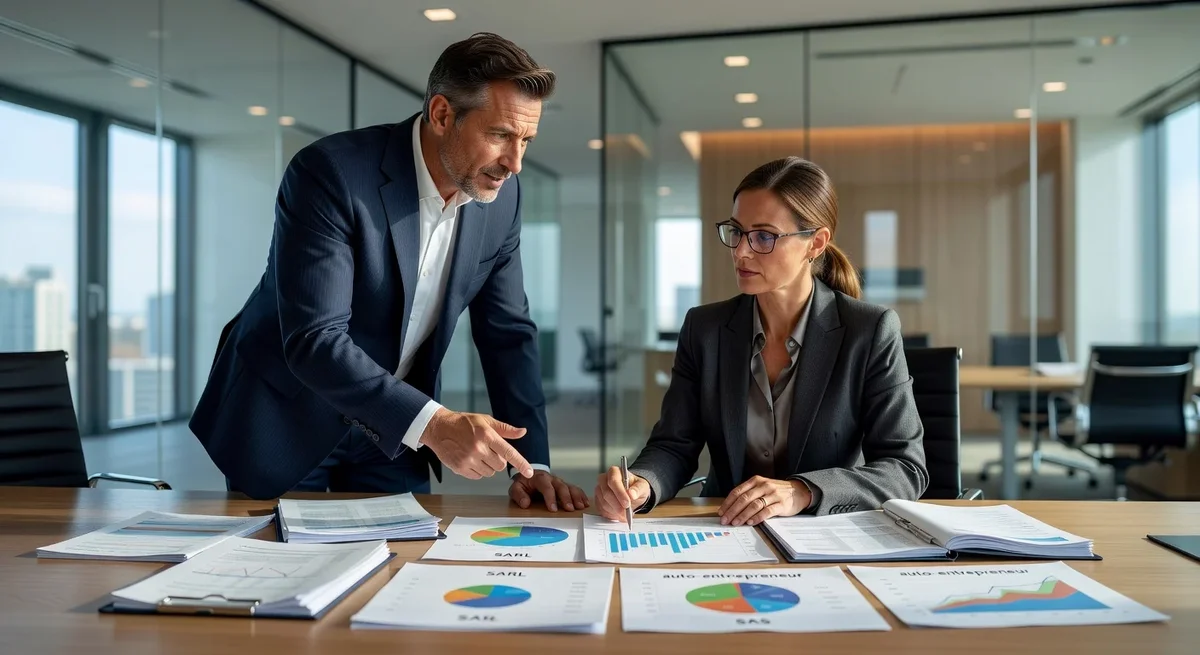 Entrepreneur échangeant des idées avec un expert-comptable dans un bureau moderne avec des graphiques sur des structu...