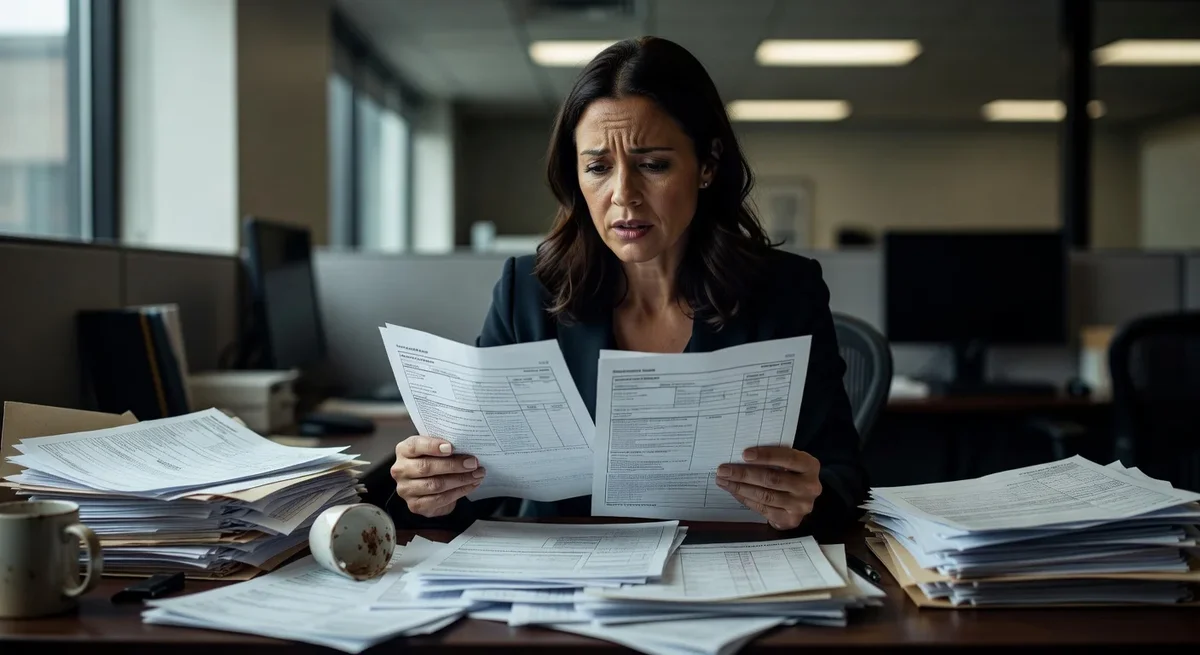 Femme préoccupée analysant des bulletins de paie dans un bureau en désordre