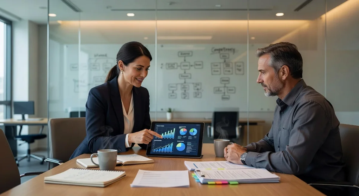 Bilan de compétences entre un consultant et une personne dans un bureau moderne et accueillant