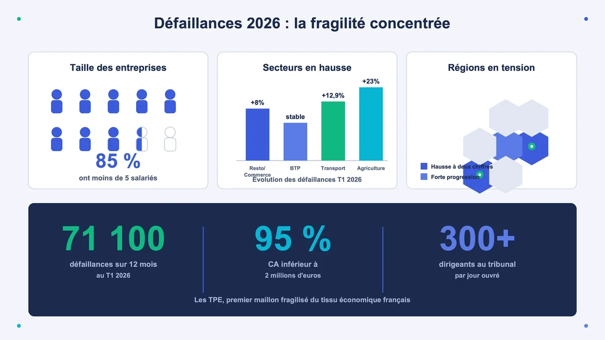 Graphiques illustrant la défaillance des petits commerces et de la restauration en France par secteur et région