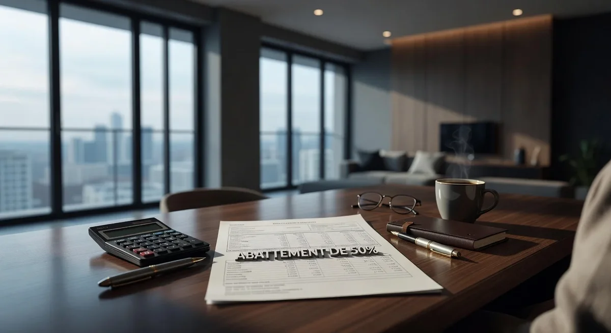 Appartement moderne avec un document fiscal affichant un abattement de 50% sur une table de bureau