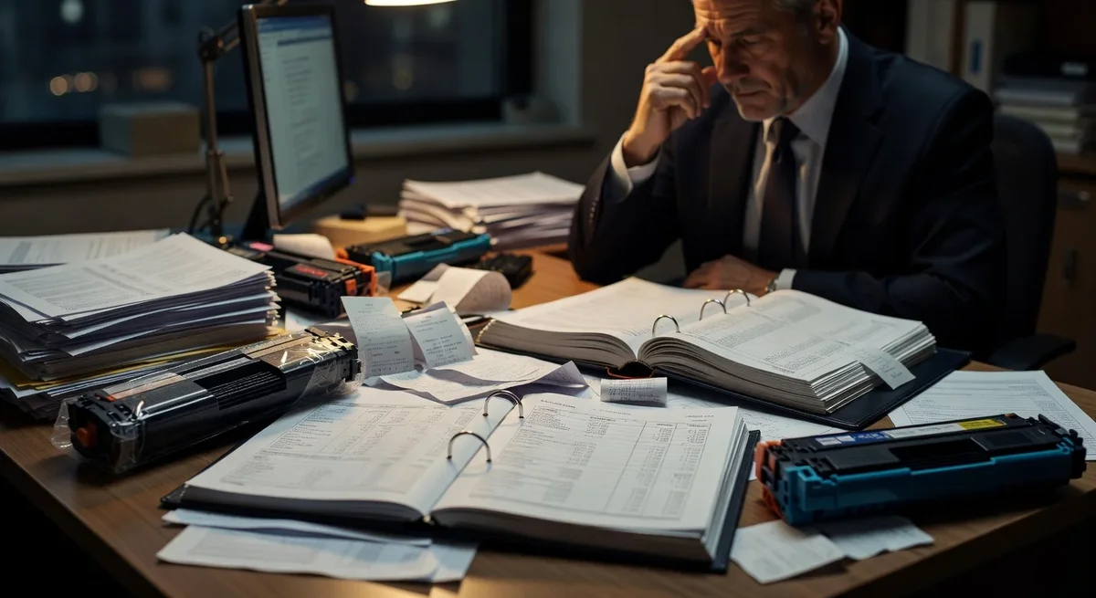 Table de travail encombrée de fournitures de bureau et documents comptables pour clôture d'exercice