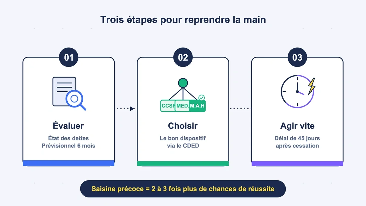 Schéma illustrant les étapes à suivre pour aider une entreprise en difficulté avec des icônes explicatives