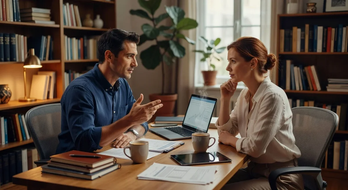 Couple d'auto-entrepreneurs collaborant dans un bureau à domicile avec une ambiance professionnelle