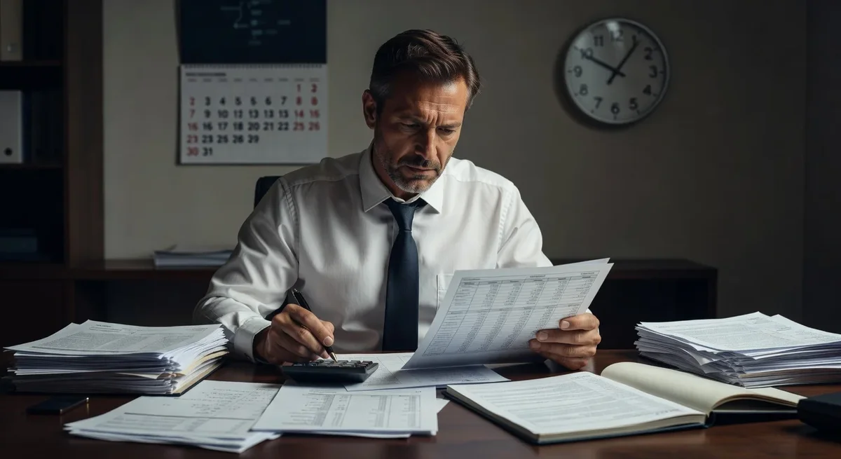 Cadre soucieux calculant son indemnité de rupture conventionnelle dans un bureau sérieux et concentré