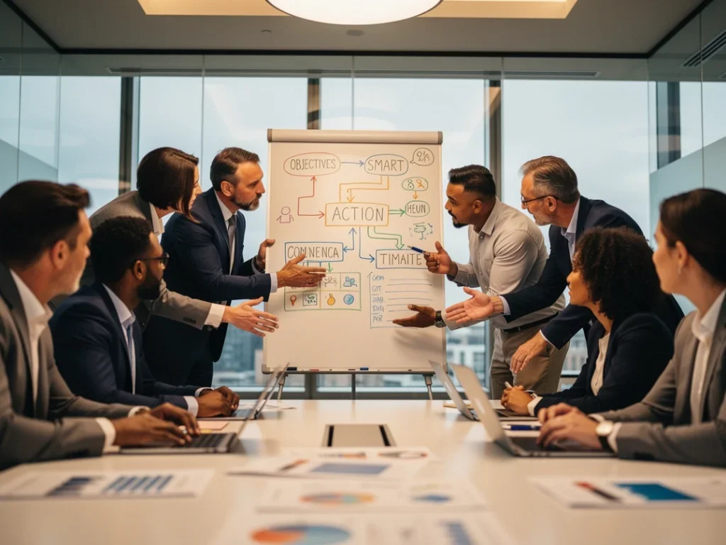 Professionnels échangeant autour d'un plan d'action commercial avec des objectifs SMART sur un tableau blanc