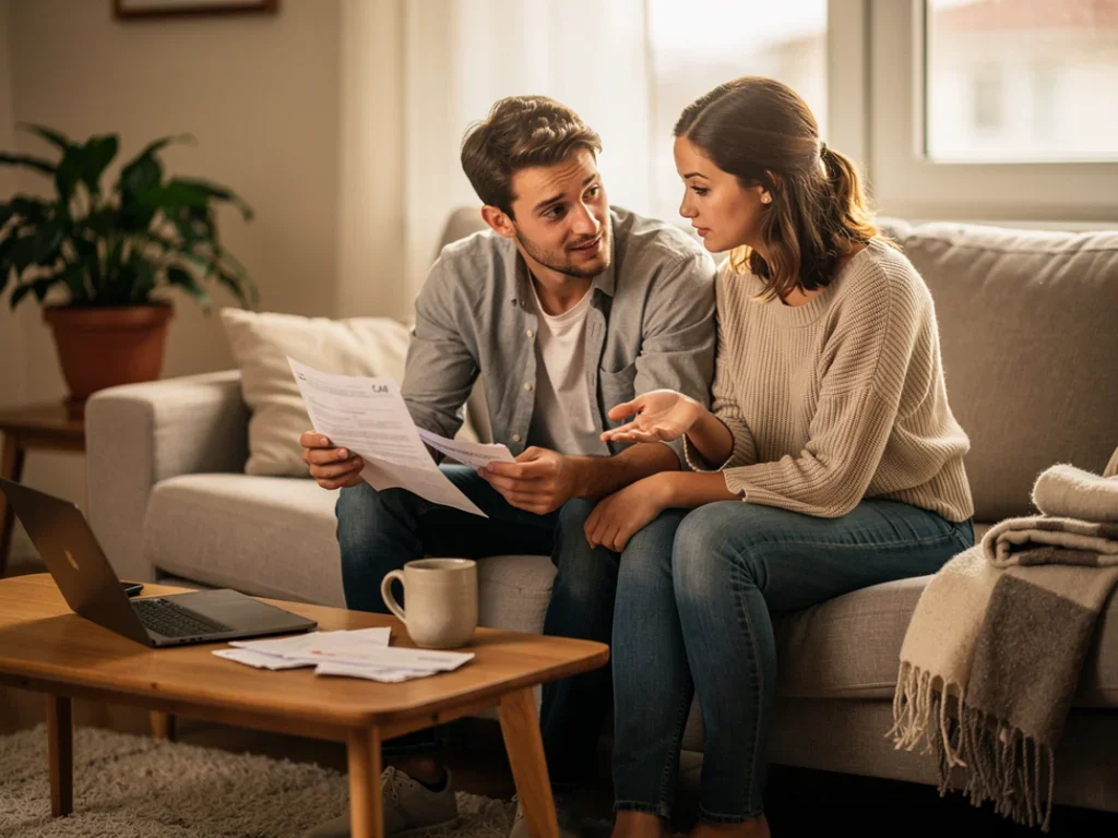 Couple jeune discutant des options d'aide financière dans un salon chaleureux avec des documents en main