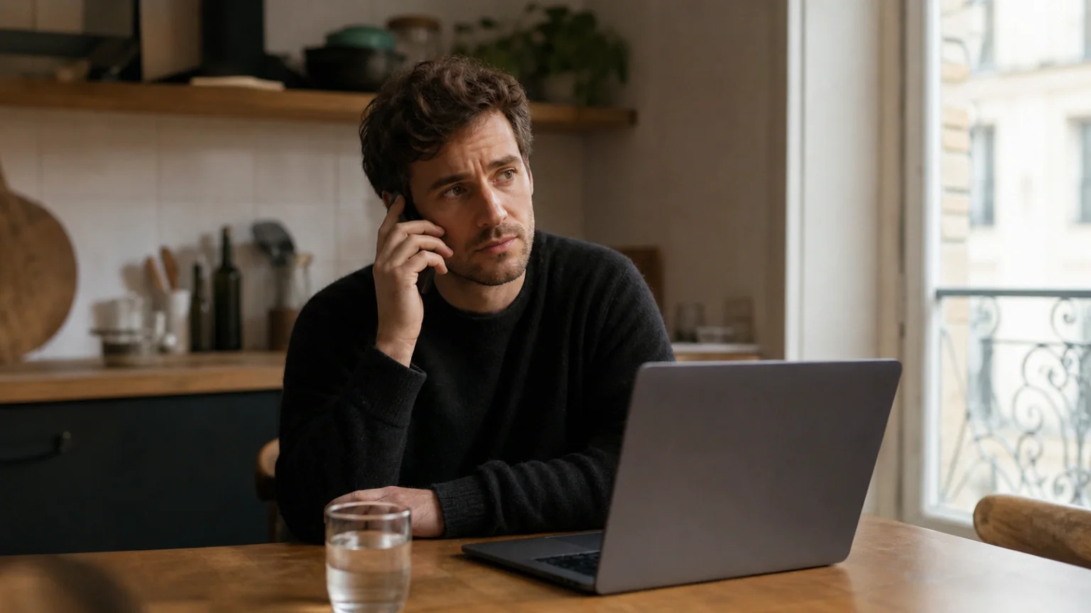 Personne au téléphone avec son fournisseur de gaz depuis sa cuisine
