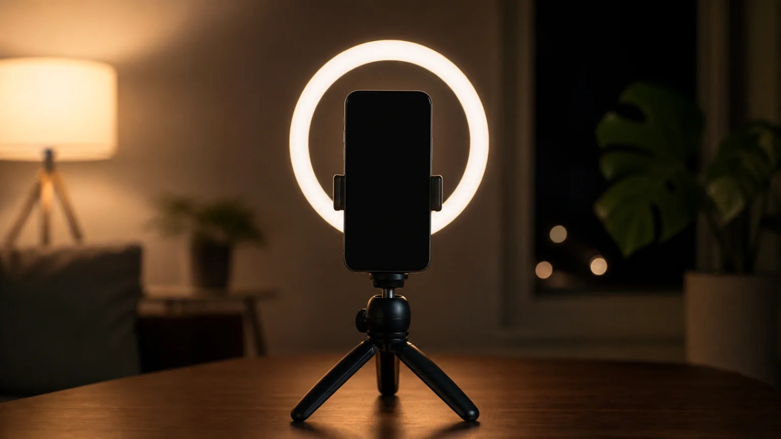 Téléphone vertical sur un petit trépied devant un anneau lumineux, dans un coin de pièce éclairé le soir